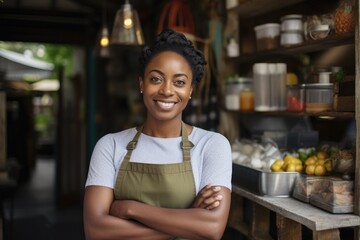Smiling portrait of a young female african small business owner standing in her store - obrazy, fototapety, plakaty