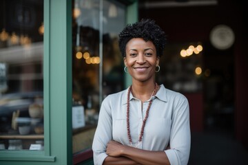 Smiling portrait of an african small business owner standing outside her store