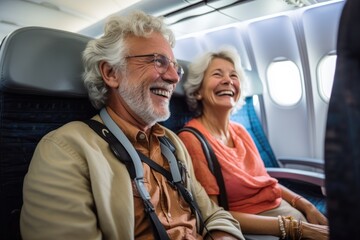 Exicted senior couple flying in an commercial airplane going on a vacation