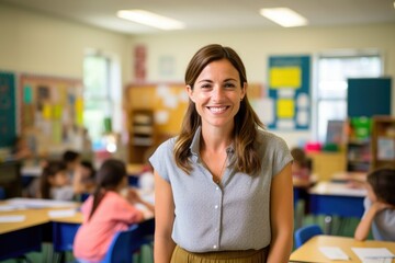 Portrait of a smiling caucasian middle school teacher teaching a classroom of students - obrazy, fototapety, plakaty
