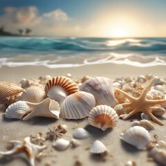 Fototapeta na wymiar Beach, sunrise, clouds, pastel colors, gorgeous sparkling shells
