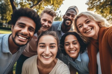 Obraz premium A diverse group of faces of from different cultures, kids, parents and grandparents, the elderly, aunts, uncles, friends and neighbours, kids, siblings, full of joyful celebration, selfie style family