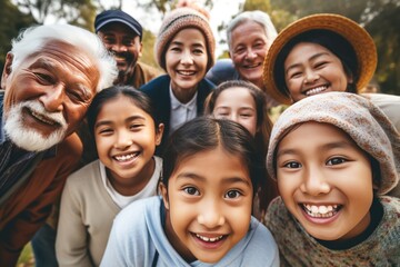 Fototapeta premium A diverse group of faces of from different cultures, kids, parents and grandparents, the elderly, aunts, uncles, friends and neighbours, kids, siblings, full of joyful celebration, selfie style family