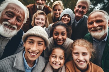 A diverse group of faces of from different cultures, kids, parents and grandparents, the elderly, aunts, uncles, friends and neighbours, kids, siblings, full of joyful celebration, selfie style family