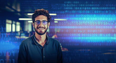 Young man programmer coding at night on ai computer screen for networking, malware or software at the office. Male person, coder or developer working late in computer display in problem solving.