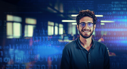 Young man programmer coding at night on ai computer screen for networking, malware or software at the office. Male person, coder or developer working late in computer display in problem solving.