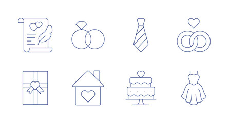 Wedding icons. editable stroke. Containing contract, wedding rings, tie, gift, home, wedding cake, wedding dress.