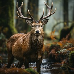 Beautiful red deer stag in the forest. Wildlife scene from nature.
