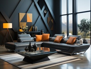 living room interior design dark sofa with orange accent and geometric shape