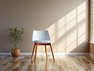 single modern white chair with dappled shadow on beige wall