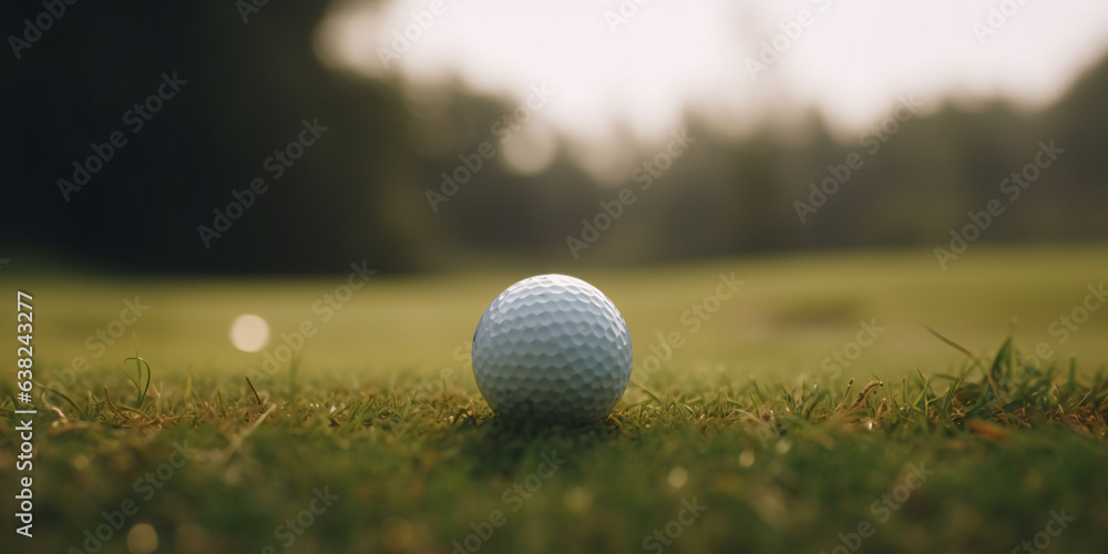 Wall mural a close up of a Golf ball resting on a golf course, cinematic, blurred background - Generative AI