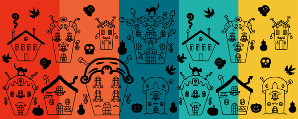 Halloween cup pattern with spooky houses, pumpkins, cats, bats and ghosts. Perfect for mug, banner, card. Hand drawn vector illustration.