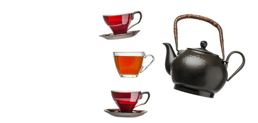 trendy photo of levitating tea cups and tea pot with loose herb tea over white background created with generative ai technology
