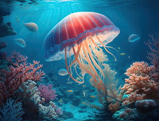 Wonderful and beautiful underwater world with jellyfish, corals and tropical fish.