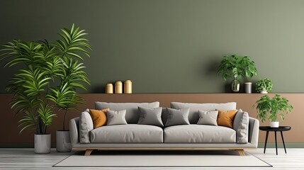 front view Modern living room interior with sofa and green leaf ornament and minimalist design