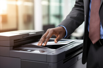 Efficient Office Workflow: Businessman Utilizing Advanced Technology with Multifunction Printer, Scanner, and Copier for Document Processing, Ensuring Productivity and Professionalism in the Workplace