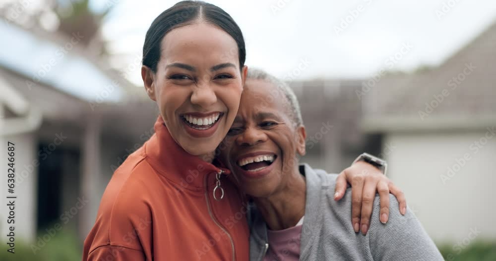 Wall mural Exercise, smile and a coach with a senior woman outdoor for active wellness or training during retirement. Portrait, fitness and personal trainer with an elderly client outside for a health workout