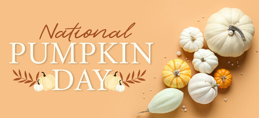 Fototapeta na wymiar Different pumpkins on beige background. Banner for National Pumpkin Day