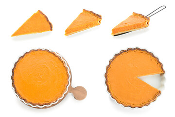 Set of tasty pumpkin pie on white background