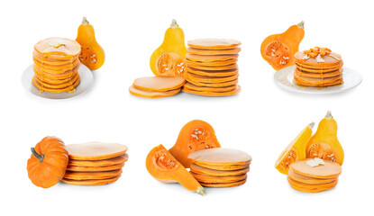 Set of tasty pumpkin pancakes on white background