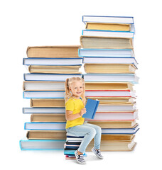 Cute little girl sitting on stack of books against white background