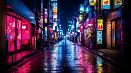 Fototapeta na wymiar a realistic pc desktop wallpaper of a futuristic cyberpunk japanese tokyo city narrow street road at night. pink and purple neon lights on bar boards screens. 16:9 ratio. Generative AI