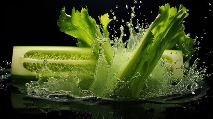 front view Fresh green celery exposed to water splash on black background and blur