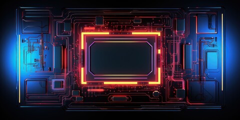 Abstract neon future computer technology microcircuit. AI Generation 