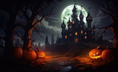 a black castle in the night with pumpkins in the yard near a full moon, in the style background