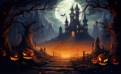 a black castle in the night with pumpkins in the yard near a full moon, in the style background - obrazy, fototapety, plakaty