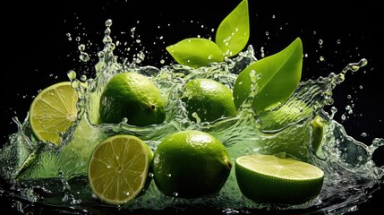 front view Fresh green limes splashed with water on black and blurred background
