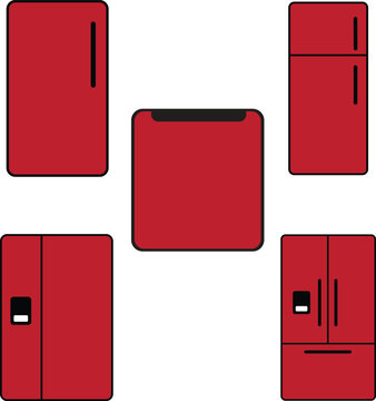 set of red Refrigerators flat icons. Fridge types, freezer, wine cooler, commercial major appliance, refrigerated display case, isolated on white background.
