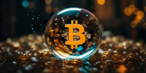 Cryptocurrency instability. Gold coin Bitcoin in a soap bubble.