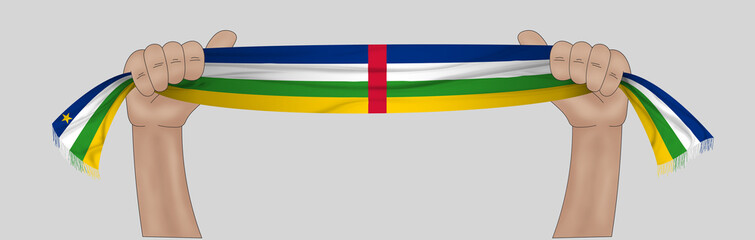 3D illustration. Hand holding flag of Central African Republic on a fabric ribbon background.
