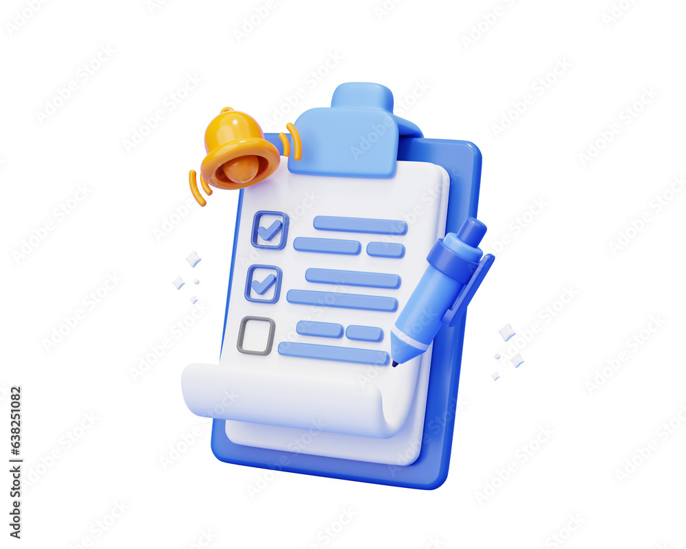 Poster clipboard with pen and bell notification checklist form report checkbox business 3d background illus