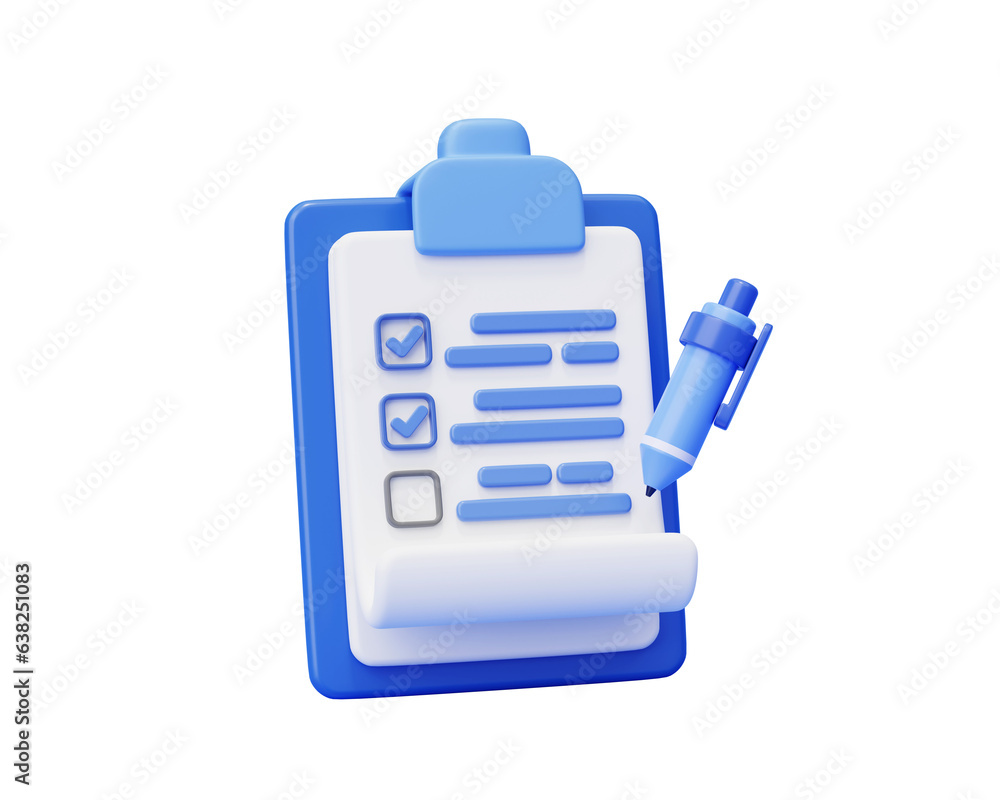 Poster clipboard with pen checklist form report checkbox business 3d background illustration