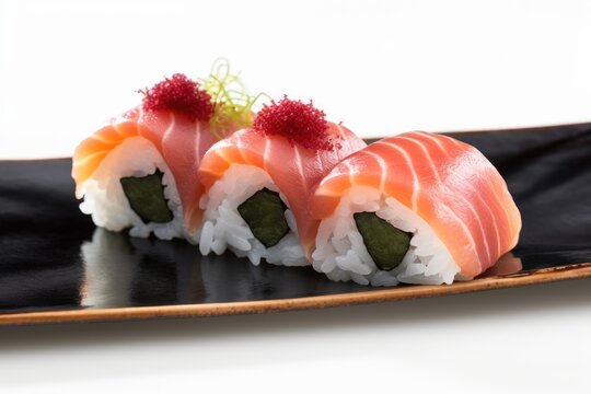 Three sushi on a black plate 