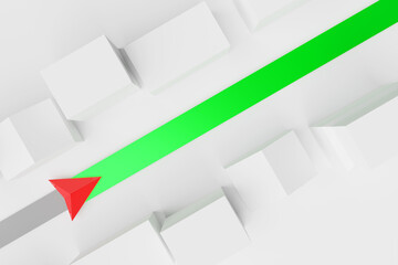 3d illustration of a directional trajectory icon with navigation neon markers, destination among city houses