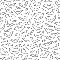 Black and white flying bats outline seamless pattern on transparent background
