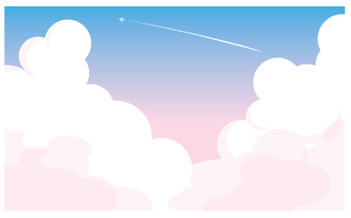 飛行機雲と入道雲とピンクと青の混ざった空の背景イラスト