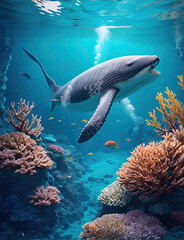 Wonderful and beautiful underwater world with Whales, corals and tropical fish.