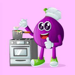Cute fig character cooking on a stove