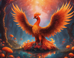 Phoenix bird. Sunset in a misty forest on background. Generative AI