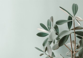 Cool, clean, fresh Minimalist leaves on a pale green flat background wall — Plants — interior design graphic resource with film grain realism