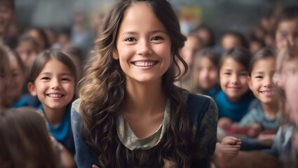 Portrait of smiling teacher in a class at elementary school looking at camera with learning students on background