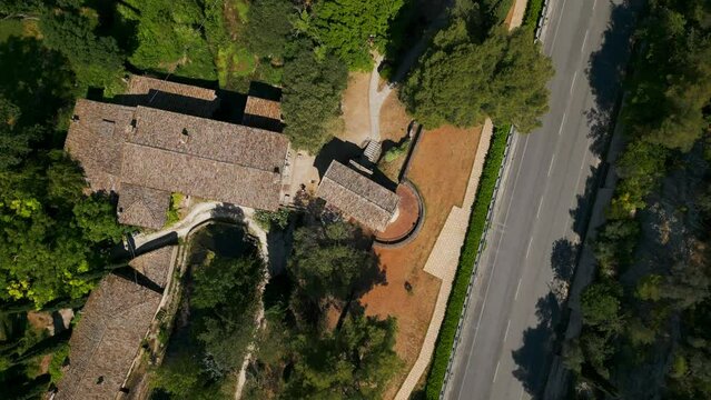 Aerial Birds Eye View Over Roof Of Temple of Clitumnus Beside Via Virgilio, 139. Pedestal Up, Rotating Shot