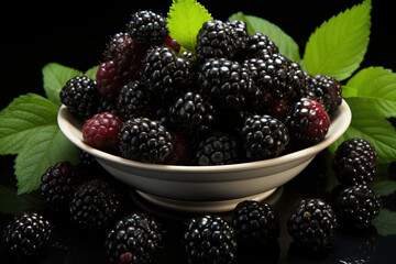 A Bowl of Fresh Black Raspberry Winter Fruit. Ripe Food Close-Up Photography Studio Shot in blur background