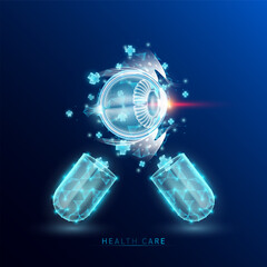Human eyeball anatomy blue and medical sign symbol blue cross float out capsule translucent glowing low polygonal triangle. Health care innovation treatment. On blue background modern design vector.