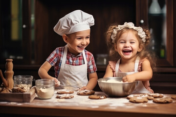 Happy family funny kids bake cookies in kitchen. Creative and happy childhood concept