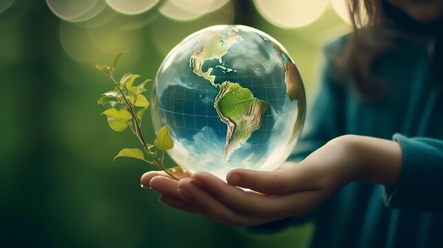 Growing a tree and the crystal earth globe are in the hands of a child. Banner for Earth Day with copy space. environmental, ecological, and planet-saving concepts. Generative AI.